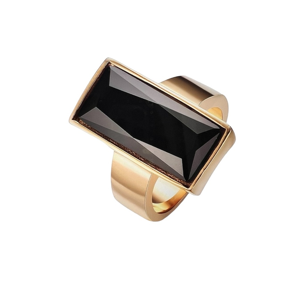 NEW GOLD PLATED BLACK STONE STATEMENT RING